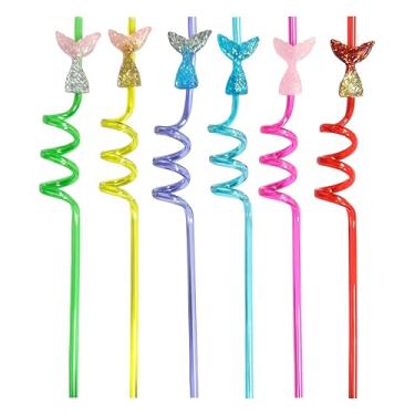 Imagem de Conjunto de 6 peças com glitter de cauda de sereia, canudos reutilizáveis, lembrancinhas de festa, suprimentos de bebida para festa de aniversário, chá de bebê, utensílios de mesa, suprimentos de