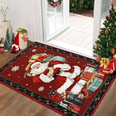 Imagem de ASPMIZ Tapete de Natal 5 x 7 cm, tapete de entrada de Papai Noel, antiderrapante, lavável, tapetes de pelo baixo, tapetes macios de lã sintética para cozinha, decoração de Natal, vermelho