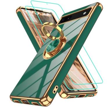 Imagem de Gritup Capa para Google Pixel 6A com 2 peças protetoras de tela | Suporte magnético de rotação de 360° | Revestimento dourado macio TPU protetor básico para celular Pixel 6A verde