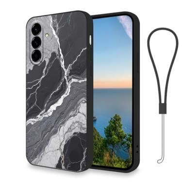 Imagem de Capa de telefone compatível com Samsung A15 5G estampa de mármore roxa, capas para Samsung Galaxy A15 acessórios de alça de cordão de silicone Funda para capa original macia suave e fina (preta)