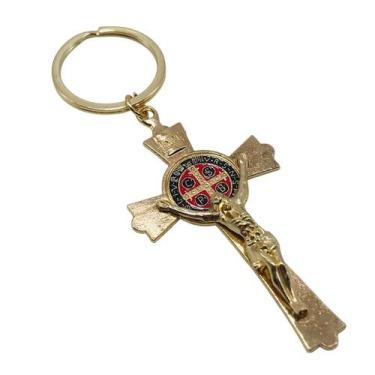 Imagem de Chaveiro Crucifixo Medalha de São Bento Dourado 10 cm - FORNECEDOR 23