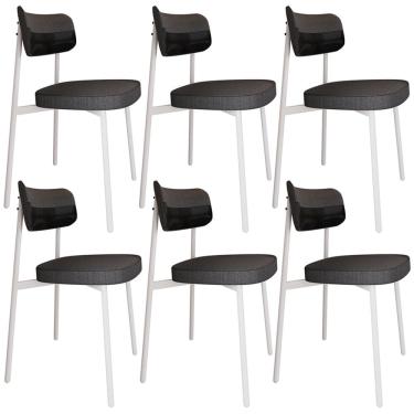 Imagem de Kit 06 Cadeiras Estofada Para Sala de Jantar Astrid Branco C01 Linho Preto Courino Preto - Lyam Decor