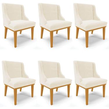Imagem de Kit 6 Cadeiras Estofadas para Sala de Jantar Base Fixa de Madeira Castanho Lia Veludo Bege - Ibiza