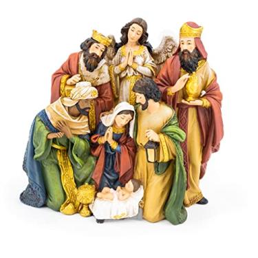 Imagem de Elysian Gift Shop Presépio de Natal em uma peça estátua completa da Sagrada Família com homens sábios e anjo da guarda, decoração de Natal de resina com detalhes dourados, decoração de mesa religiosa