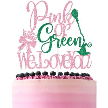 Imagem de Pink Glitter Pink or Green We Love You Cake Topper, He or She/Prince or Princess, Funny Halloween Gender Reveal Baby Shower Party Decorations Supplies