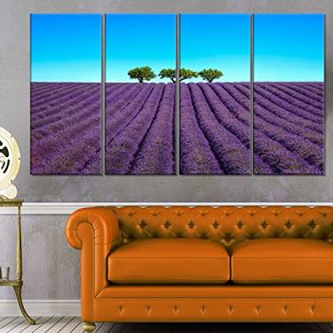 Imagem de Designart MT11390-271 Flores Lavanda e Árvores Verdes Estofadas - Arte de Parede de Metal Brilhante Paisagem Grande, Azul/Lavanda, 102 x 71