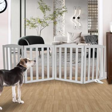 Imagem de SFJC Portão interno independente para cães, portões dobráveis para cães, escadas ou corredores, portão branco de madeira para animais de estimação para casa, cerca para animais de estimação com pés de