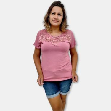 Imagem de Blusa Malha Viscolycra Manga Curta Com Renda No Busto - Sarat Moda Ind