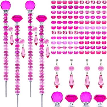 Imagem de Exway Kit de 100 peças de contas de jardim com contas de varinha de fada DIY com contas de furo grande vermelho rosa, 4 hastes roscadas com tampa de cristal e 4 pingentes de cristal brilhante vermelho