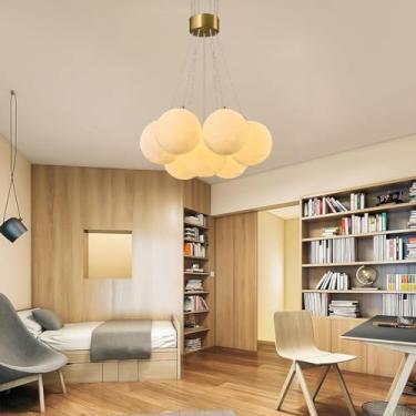 Imagem de Luminária pendente moderna para cozinha, ilha com 7 lâmpadas, lustre de bolhas brancas, estilo nórdico, luzes de esfera, globo Sputnik, altura ajustável, luz de teto de metal para quarto, sa