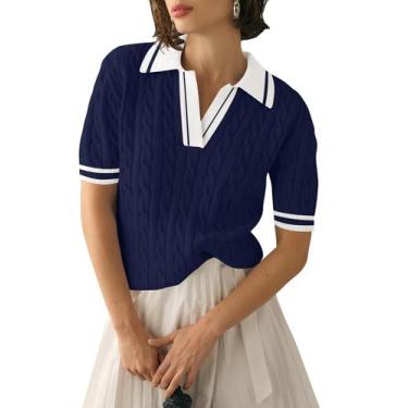 Imagem de Suéter feminino Micoson com decote em V e manga curta tricotado azul m