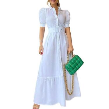 Imagem de Camiseta, vestido, listrado, com botões, casual, feminino, branco - Ut