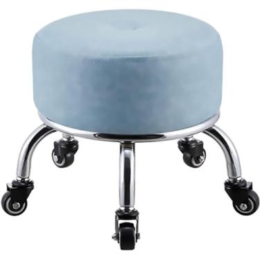 Imagem de Banqueta com rodas e polia de assento baixo, rodas giratórias universais, banco giratório de couro PU de baixa altura, banco com rodas para casa, escritório, banco redondo para fitness
