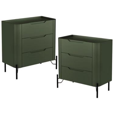 Imagem de Kit 02 Mesas De Cabeceira Orgânica 3 Gavetas Pés Industrial Preto Bliss I03 Musgo - Lyam Decor