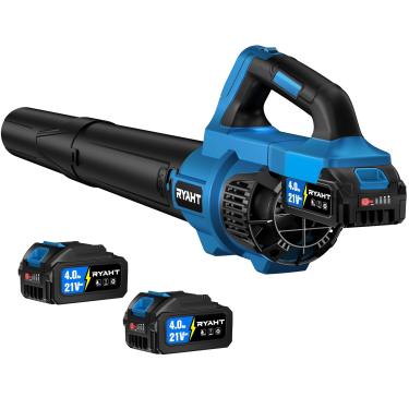 Imagem de RYAHT Soprador de folhas sem fio, soprador de folhas elétrico potente de 21 V com 2 pilhas e carregador de 4,0 Ah, 2 modos de velocidade, sopradores de folhas leves e portáteis para cuidados com o