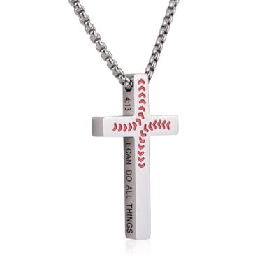 Imagem de Colar de Cruz Beisebol para Homens, Pingente Aço Inoxidável com Versículo Bíblico Joia Cristã Formatura Primeira Comunhão Presente Religioso e Decoração (Prata)