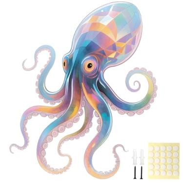 Imagem de Decoração de parede grande de polvo de metal - Arte de parede costeira de animais marinhos arco-íris de 39,9 cm, decoração náutica para banheiro, piscina, jardim, cerca, quintal, pátio, varanda, casa