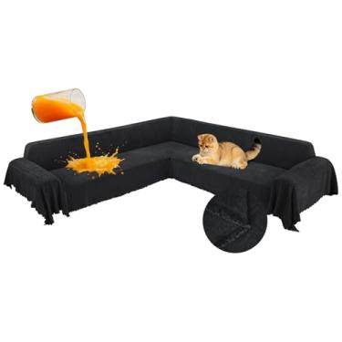 Imagem de ROFASVCO 1OO% capas de sofá seccionais de canto à prova d'água em forma de L com borla, macia, grossa, lavável, protetor de móveis para cães de estimação (231 cm x 640 cm, preto)