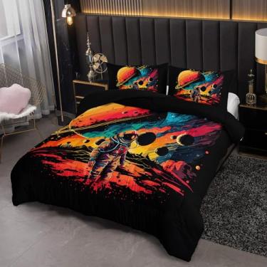 Imagem de Nttopship Jogo de cama king size explorando o espaço, para crianças e adultos, tema exploração de astronauta, macio, quente para todas as estações, decoração de quarto de criança com 1 edredom e 2