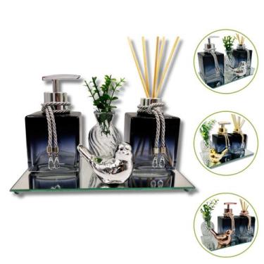 Imagem de Kit Lavabo Luxo Banheiro Com Bandeja Espelhada Difusor e Saboneteira C