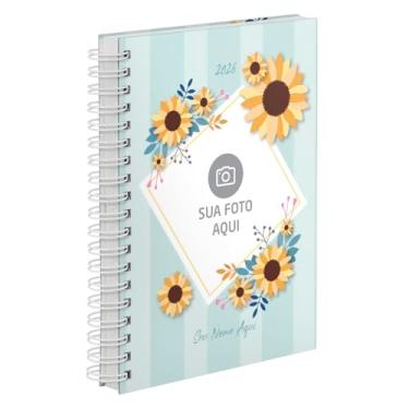 Imagem de Agenda Diária 2026 Capa Dura Personalizada Com Foto Girassóis Listras Verde