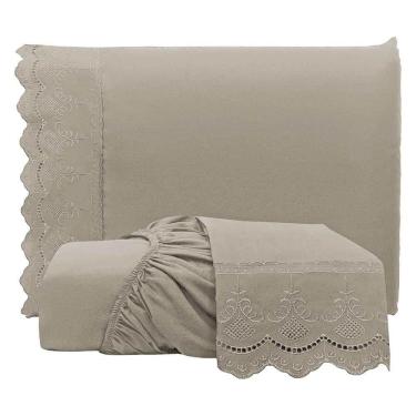 Imagem de Jogo De Lençol Realce Casal 3 Peças Percal 300 Fios Bordado Inglês Macio - Fendi - 100% Poliéster