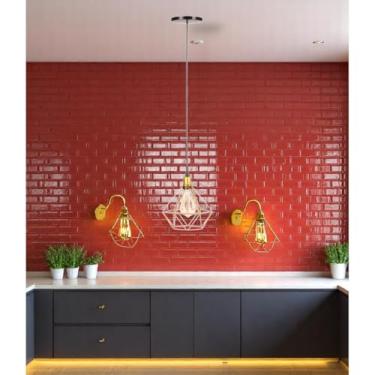 Imagem de Luminária Lustre Aramado Conjunto Kit 1 Pendente Diamante + 2 Arandelas de Parede Retrô Área Gourmet (DOURADO FIO PRETO)