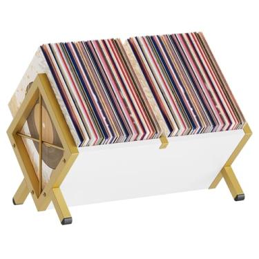 Imagem de YATINEY Suporte para discos de vinil, comporta 80-100 L, expositor de discos de vinil de madeira e metal, organizador de discos de montagem rápida para CDs, livros, álbuns, branco e dourado CJ06DW