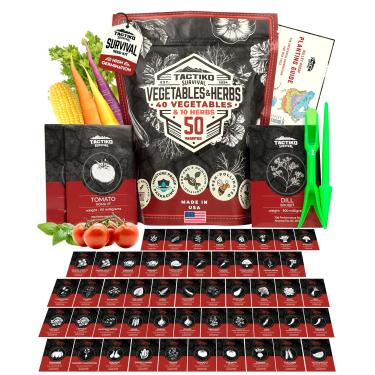 Imagem de Tactiko Survival Kit de sementes de vegetais, ervas e frutas - 50 variedades colhidas nos EUA - Mais de 25.000 sementes de herança não OGM - Cofre de sementes de emergência em saco impermeável de