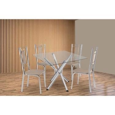 Imagem de Kit 4 Cadeiras Sala Jantar Volga C- Tampo De Vidro 90cm E 4 Cadeiras Florença Cromada - Courano Bege - Kappesberg