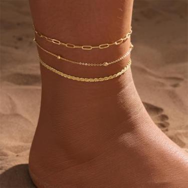 Imagem de Tornozeleiras femininas à prova d'água de ouro/prata 14K, elos cubanos, conjunto de tornozeleiras em camadas com contas de coração e strass para presente, Medium, Latão, Sem Pedra Preciosa