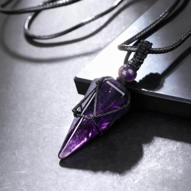 Imagem de Colar com pingente de cone hexagonal de ametista natural com corda trançada ajustável, adequado para dar de presente, roupa própria e itens de moda