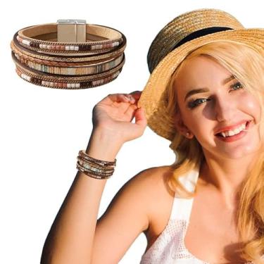 Imagem de Pulseiras femininas – estampa boho, multicamadas de cristal e miçangas, acessório de joia ajustável feito à mão para uso casual, festa e festival