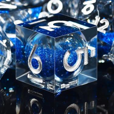 Imagem de AUSTOR Liquid Core DND Dice Set, 7-Die Sharp Edge Polyhedral Dice Quicksand Handmade Resin Dices for Dungeons and Dragons RPG MTG Table Games, Black & Blue, Silver