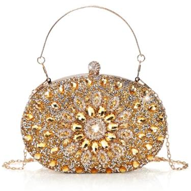 Imagem de WRINGKIT Bolsa clutch noturna de strass, bolsa clutch de pulso brilhante dourada com corrente destacável, bolsa feminina de diamante de cristal para casamento, festa, baile, encontro noturno, Dourado,