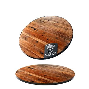 Imagem de HEIRLOUM Tampo de mesa de madeira recuperada – Peça de madeira sólida reciclada rústica perfeita para placas, tábuas de corte, cozinhas, tampos de mesa de jantar e centro (tampo de mesa de madeira recuperada com borda de metal, 76 cm redondo)