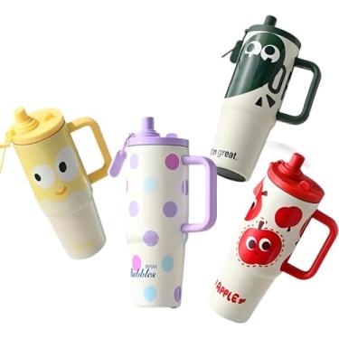 Imagem de Drink Copo Térmico com Canudo, 900ml, Plástico e Aço Inox, Parede Dupla, Isolamento 6h Quente/12h Gelado, Amarelo com Design Divertido