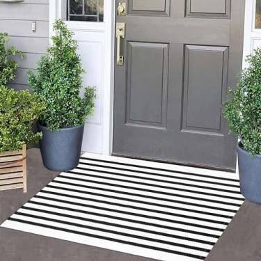 Imagem de Tapete listrado em camadas 61 cm x 89 cm preto e branco tapete listrado varanda frontal lavável à máquina tapete interno externo para varanda frontal tapete de entrada tecido à mão para