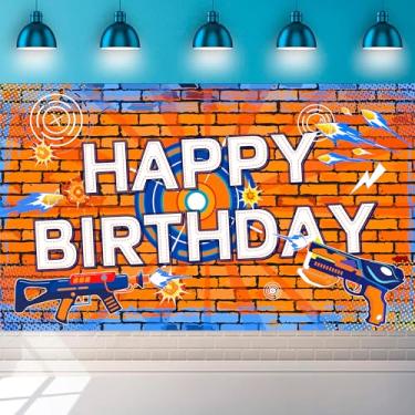 Imagem de Pano de fundo de faixa de aniversário de batalha de dardos, 188 x 109 cm, pano de fundo para decoração de festa de aniversário de arma de dardos