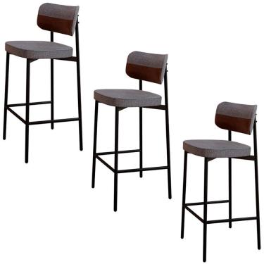 Imagem de Banqueta Alta Bar Estofada Kit 3 Ella M25 Linho Cinza-marrom - Mpozenato
