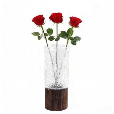 Imagem de Vaso de flores cilíndrico de vidro com base de madeira grande de 25 cm, estilo boêmio moderno de onda de água para casa, cozinha, lareira, secretárias de escritório, casas, decorações de jardim