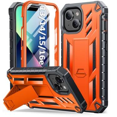Imagem de Capa protetora para iPhone 13/14: capa para iPhone 16e com suporte integrado | Proteção rígida de grau militar resistente à prova de choque | Design de camada dupla durável laranja