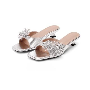 Imagem de RUSAUISE Sandálias femininas de salto baixo com bico quadrado aberto e salto baixo com flores deslizantes elegantes para festas, Prata, 35