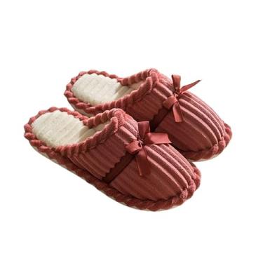 Imagem de Pantufas Femininas Adulto em Veludo Canelado, com Laço Decorativo, Interior Macio, Antiderrapante, Confortável, Disponível em Rosa, Coral e Verde (Coral, 35-36, BR, Adulto, Numérico, 34)