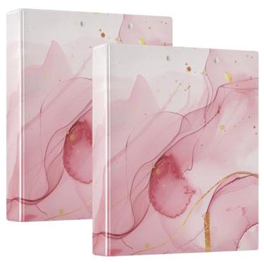 Imagem de KICPOAY Fichário de 3 anéis, 3 cm, rosa claro, linhas de ouro rosé, pranchetas de mármore com bolsos internos, fichário redondo para material de escritório e escola, 1 pacote