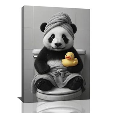 Imagem de Arte de parede engraçada de panda de banheiro preto e branco pintura em tela de banheiro bonito pato panda decoração de imagens emolduradas presentes para mulheres menina banheiro banheiro casa 40,6
