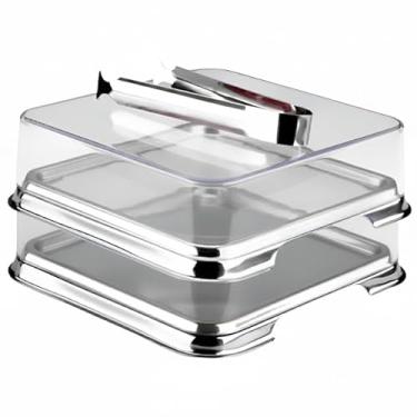Imagem de Conjunto Porta Frios Aço Inox 2 Bandejas Empilháveis com Pinça Design Moderno 15,5 x 15,5 x 7 cm Luxo
