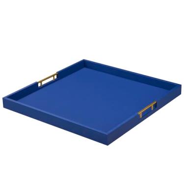 Imagem de Bandeja otomana extra grande de couro sintético azul 50 x 50 cm com alças douradas para todas as ocasiões, serve comida café da manhã na cama, decoração de casa, sala de estar, organizador quadrado de