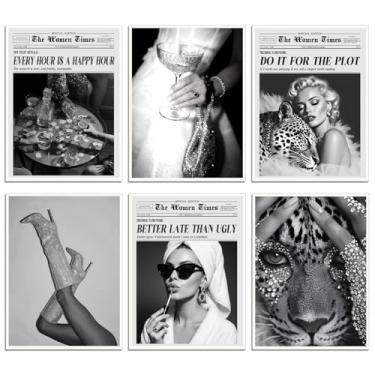 Imagem de Conjunto de 6 arte de parede feminista preto e branco – Chic Preppy Academia Glam Retro estilo jornal, pôster moderno Y2K citação empoderamento e pôsteres de leopardo para decoração de quarto ou