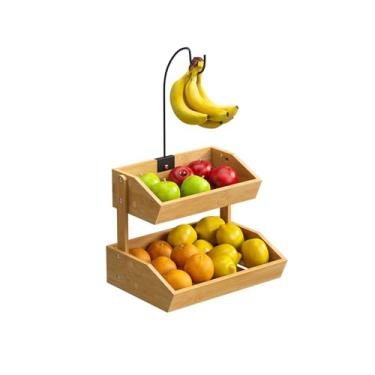 Imagem de STDDRE Cesta de frutas de bambu com cabide de banana, suporte de frutas para balcão de cozinha, organizador de legumes, pão, lanches, cesta de armazenamento de pão (natural, 2 camadas)